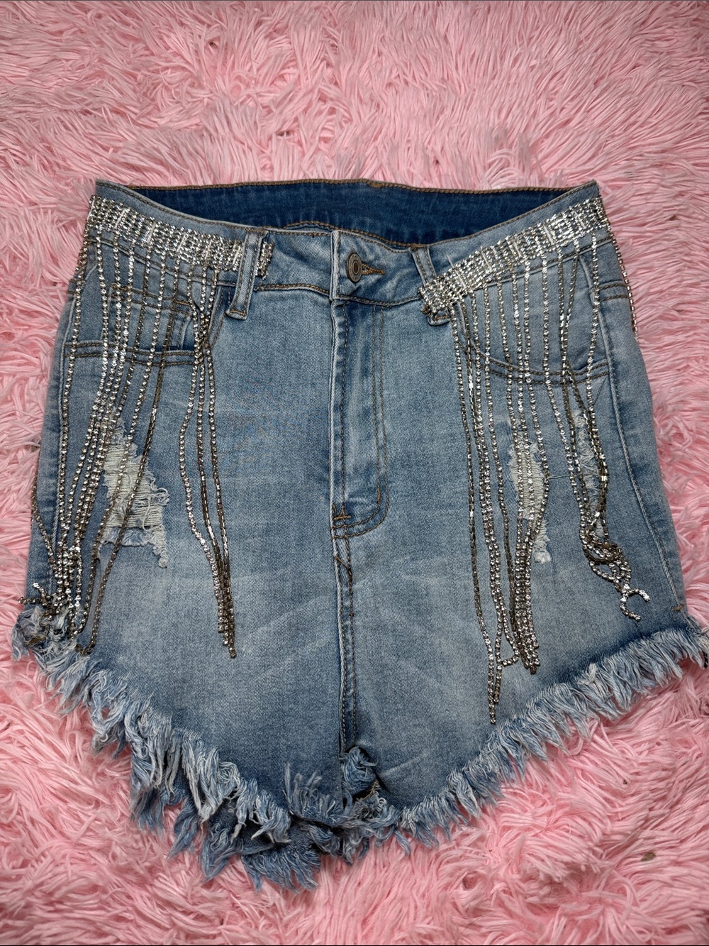 SHEIN Light Blue Denim Shorts with Rhinestone Fringe